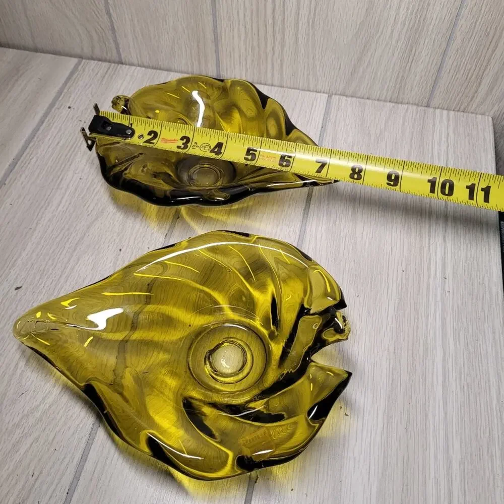 Vintage Noleans Italy Avacado Green Glass Leaf Candy Dish Candle Holder Set READ